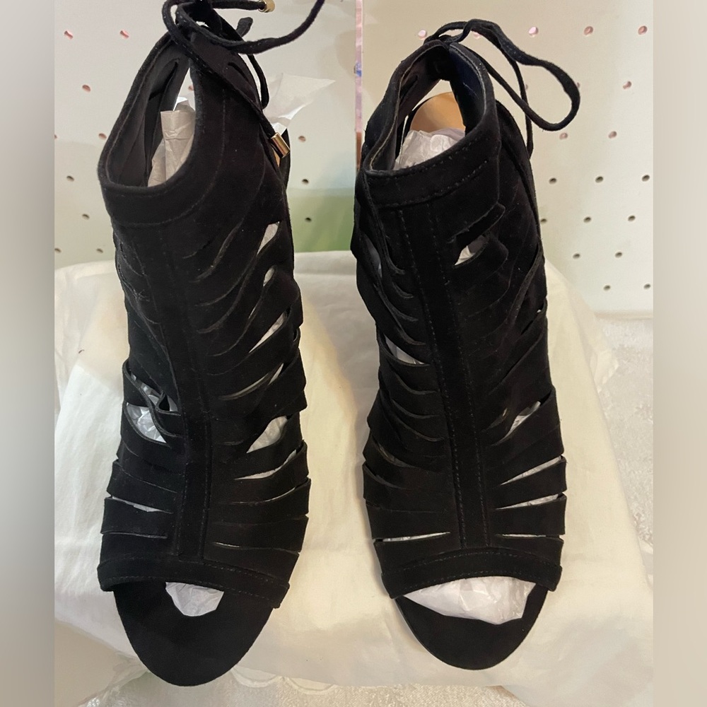 Brash Black Suede Cutout Heel Sandals